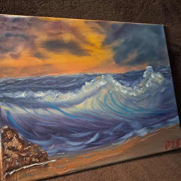 Bob Ross Inspired Hand Painted Canvas Oil Paint Ocean Scene - Picture 3 of 6